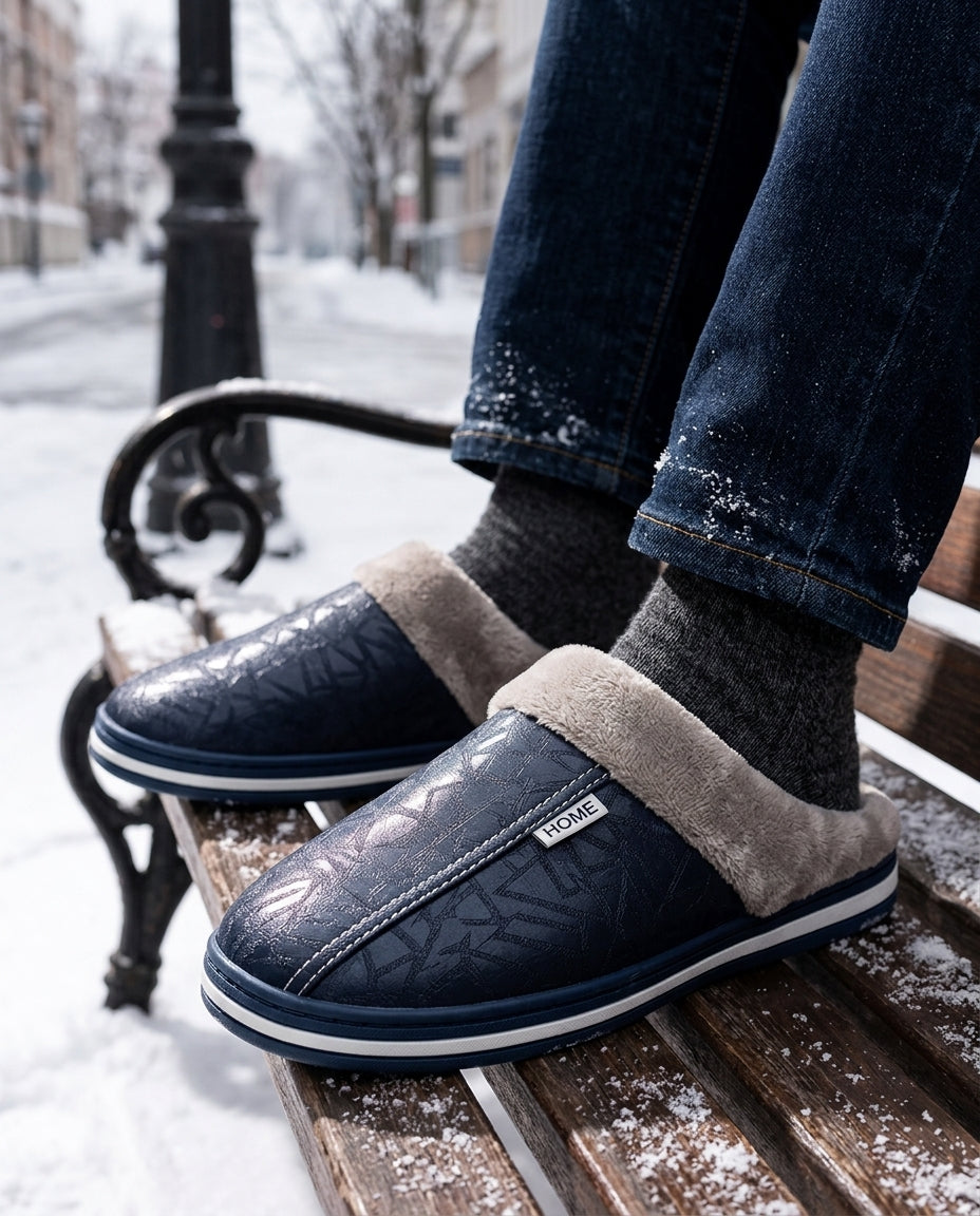 Men’s Slippers with Fur - Faux Leather Indoor Slip-Ons - Comfortable Footbed - Warm House Shoes - Sizes 39-47 | Sansoti