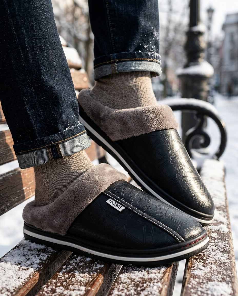 Men’s Slippers with Fur - Faux Leather Indoor Slip-Ons - Comfortable Footbed - Warm House Shoes - Sizes 39-47 | Sansoti