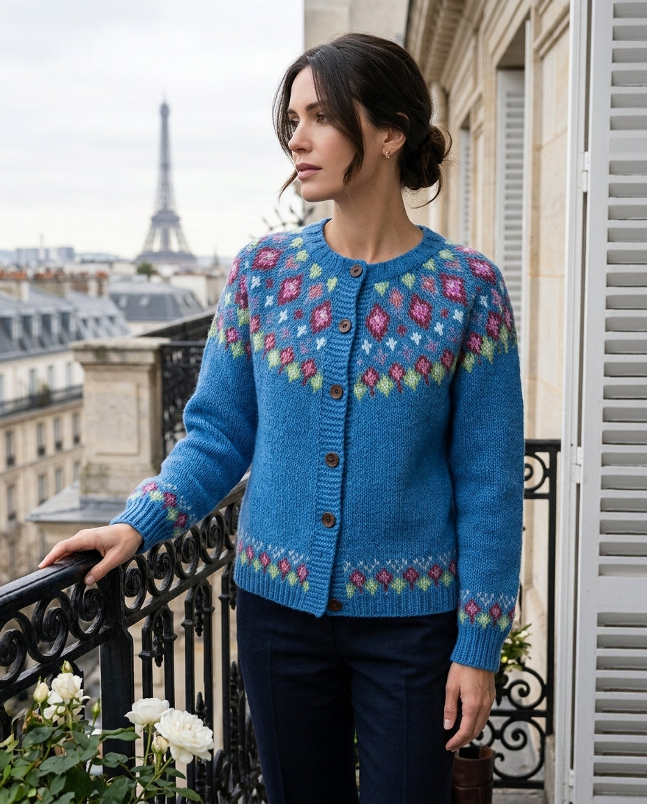 Cardigan en maille pour femme à motif jacquard, boutons en bois, manches raglan, bordures côtelées, style décontracté, chaud et confortable | Sansoti