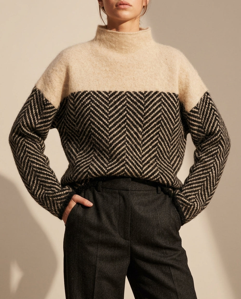 Gebreide Coltrui Dames Visgraat Tweelaagskleuren Wollen Trui Oversized Fit Warme Pullover Elegante Look | Sansoti