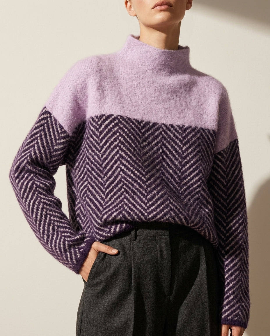 Gebreide Dames Trui met Visgraatpatroon Opstaande Kraag Winterkleding Warm Herringbone Design Pullover | Sansoti