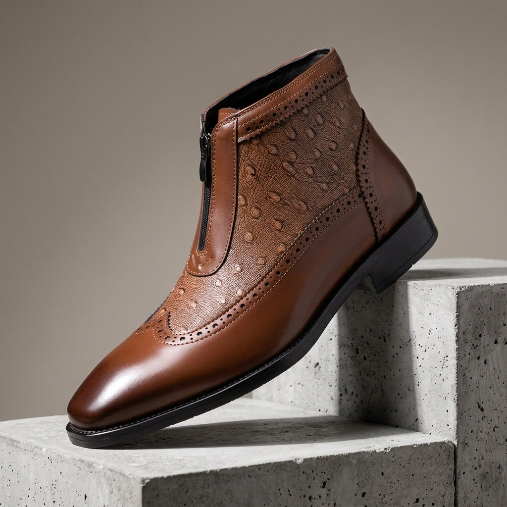 Herren-Lederstiefelette mit Straußenprint und Reißverschluss, Cognac, Schwarz, bequem, alltagstauglich und stilvoll | Sansoti