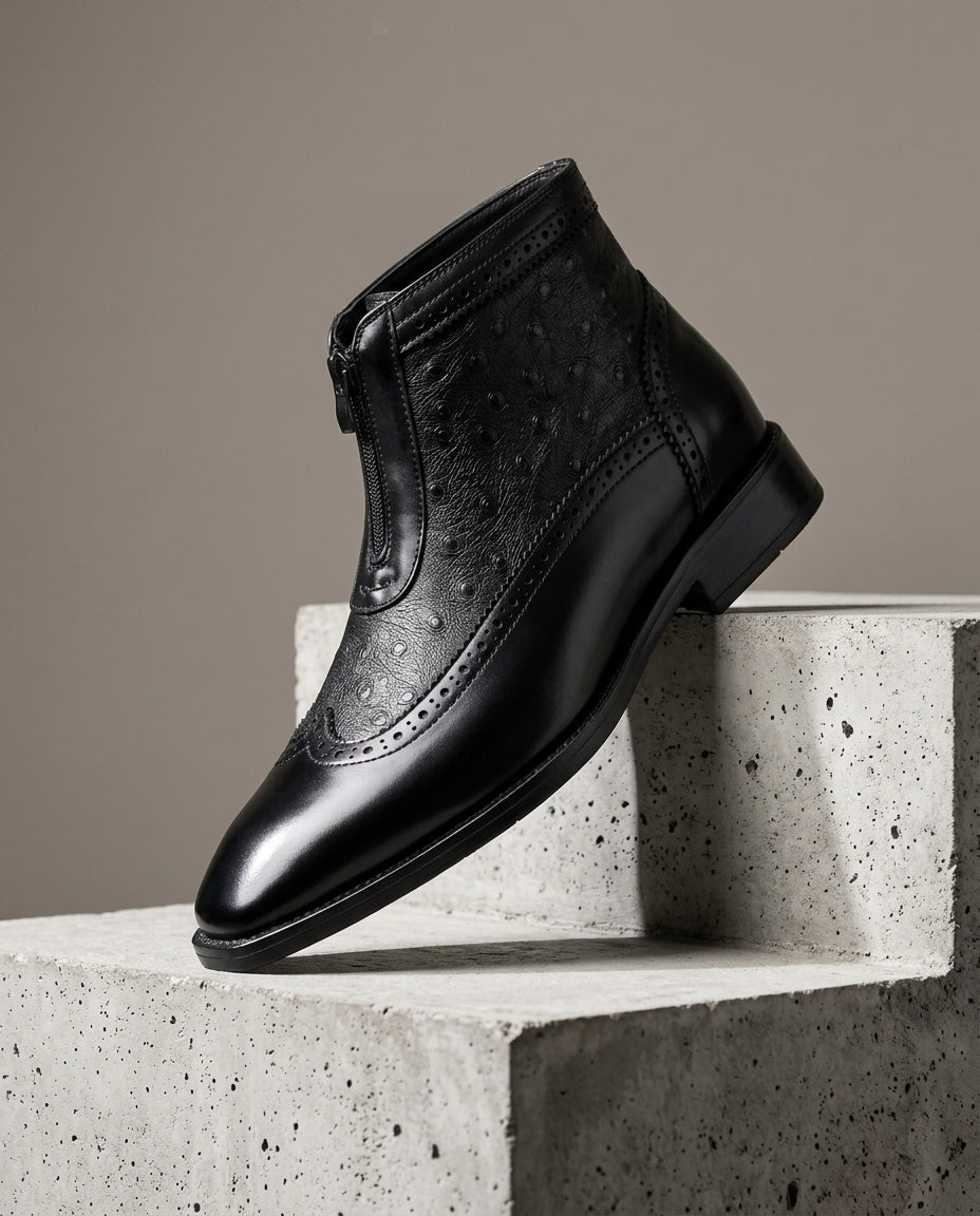 Herren-Lederstiefelette mit Straußenprint und Reißverschluss, Cognac, Schwarz, bequem, alltagstauglich und stilvoll | Sansoti