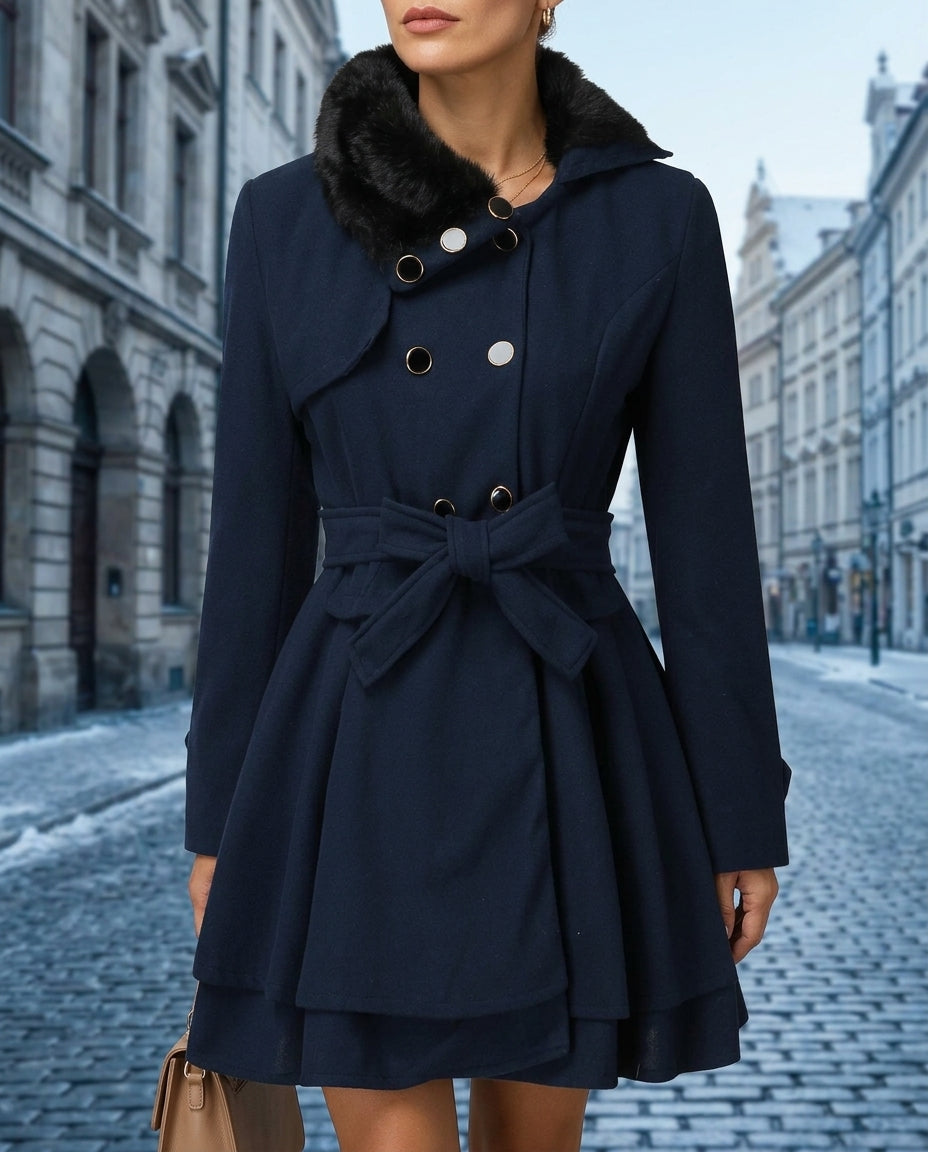 Dames Winterjas Wol met Bontrand Gelaagde Peplum Taillekoord Dubbele Sluiting Warm Figuurvleiend Elegant | Sansoti