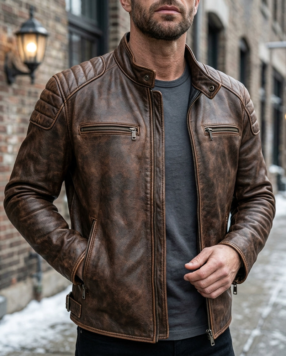 Chaqueta de moto de cuero para hombre, estilo vintage, hombros acolchados, cuello alto, aspecto envejecido, clásica chaqueta motera | Sansoti