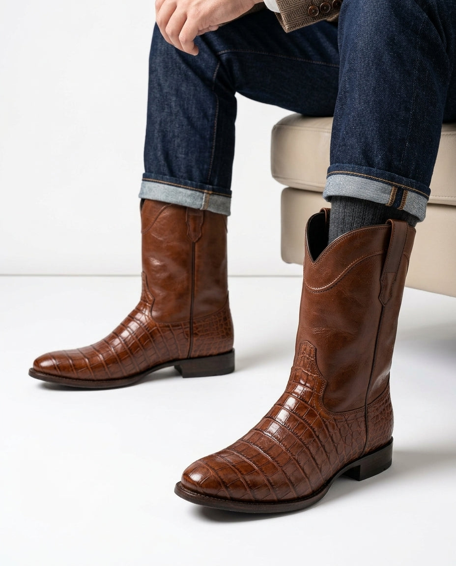 Leren Heren Laarzen Croco Structuur Handgemaakt Westernstijl Slip-on Comfortabel Duurzaam Stevig Schoeisel | Sansoti