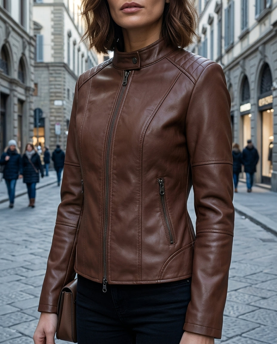 Veste de moto en cuir pour femme - Modèle cintré avec fermeture éclair et boucle - Veste courte de motarde noire | Sansoti