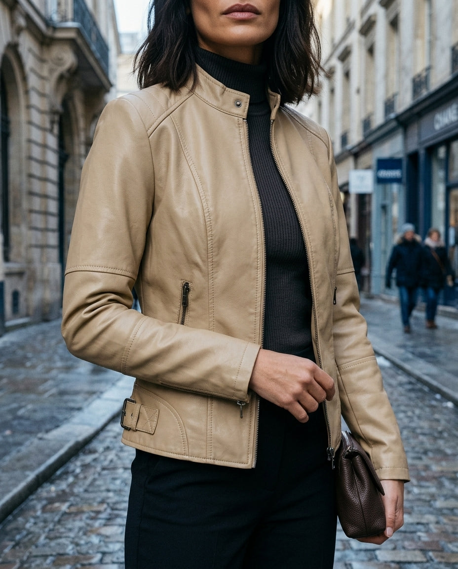 Veste de moto en cuir pour femme - Modèle cintré avec fermeture éclair et boucle - Veste courte de motarde noire | Sansoti