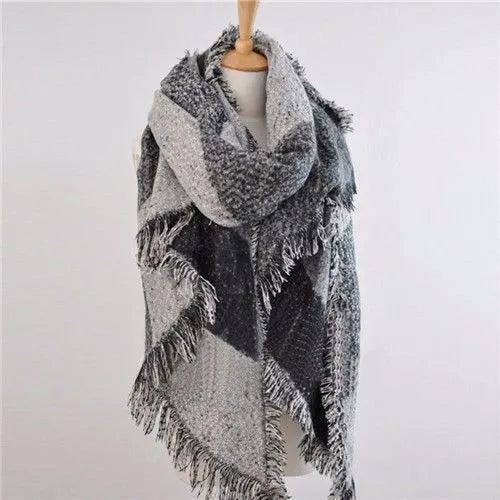 Oversized Wool-Blend Scarf 250x70cm Gray Red Women's Winter Accessory Soft Wrap Autumn Checked Warm | Sansoti