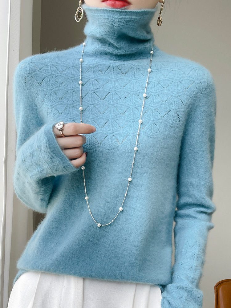 Cashmere Turtleneck Sweater with Openwork Knit, Women's Sweater, Warm, Soft, Relaxed Fit, Knitted Collar, Elegant Winter Sweater | Sansoti