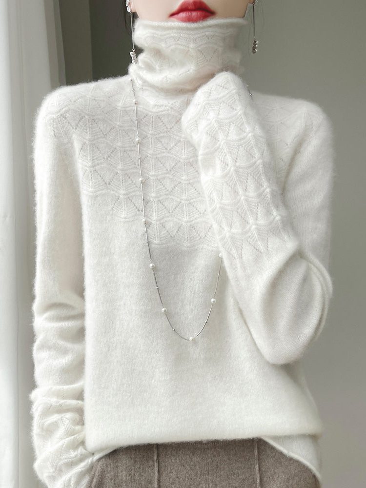Cashmere Turtleneck Sweater with Openwork Knit, Women's Sweater, Warm, Soft, Relaxed Fit, Knitted Collar, Elegant Winter Sweater | Sansoti