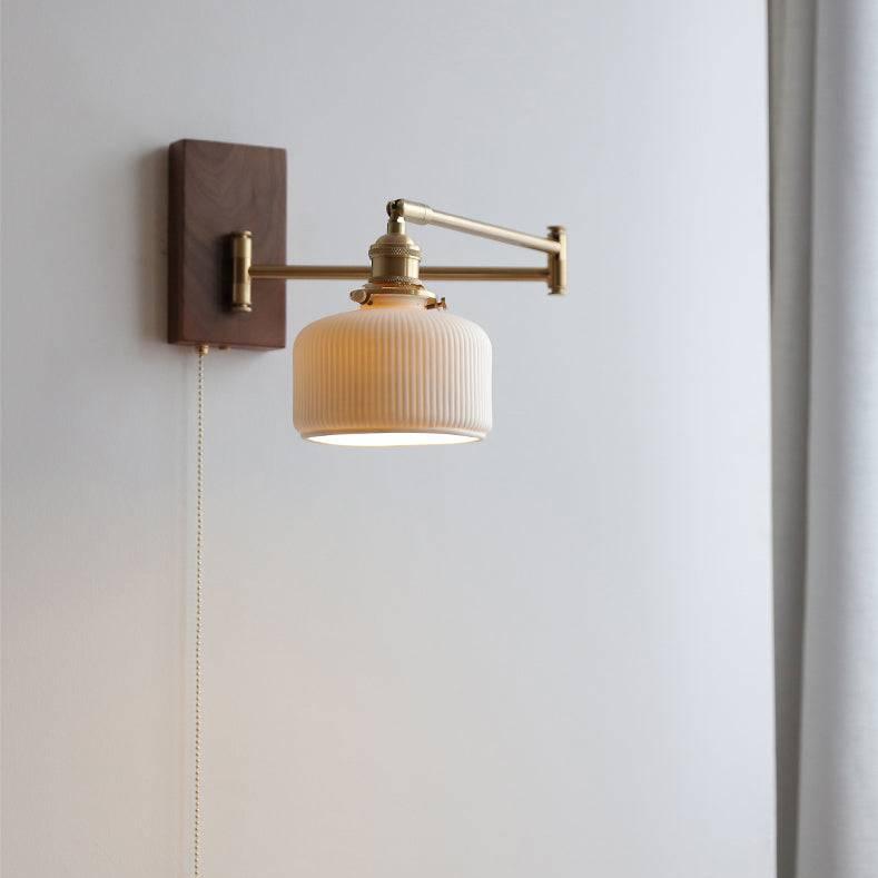 Wall lamp with adjustable arm, ceramic, wood, brass, reading light, swiveling, bedroom, vintage ambient lighting | Sansoti
