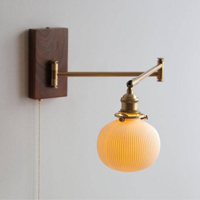 Wall lamp with adjustable arm, ceramic, wood, brass, reading light, swiveling, bedroom, vintage ambient lighting | Sansoti