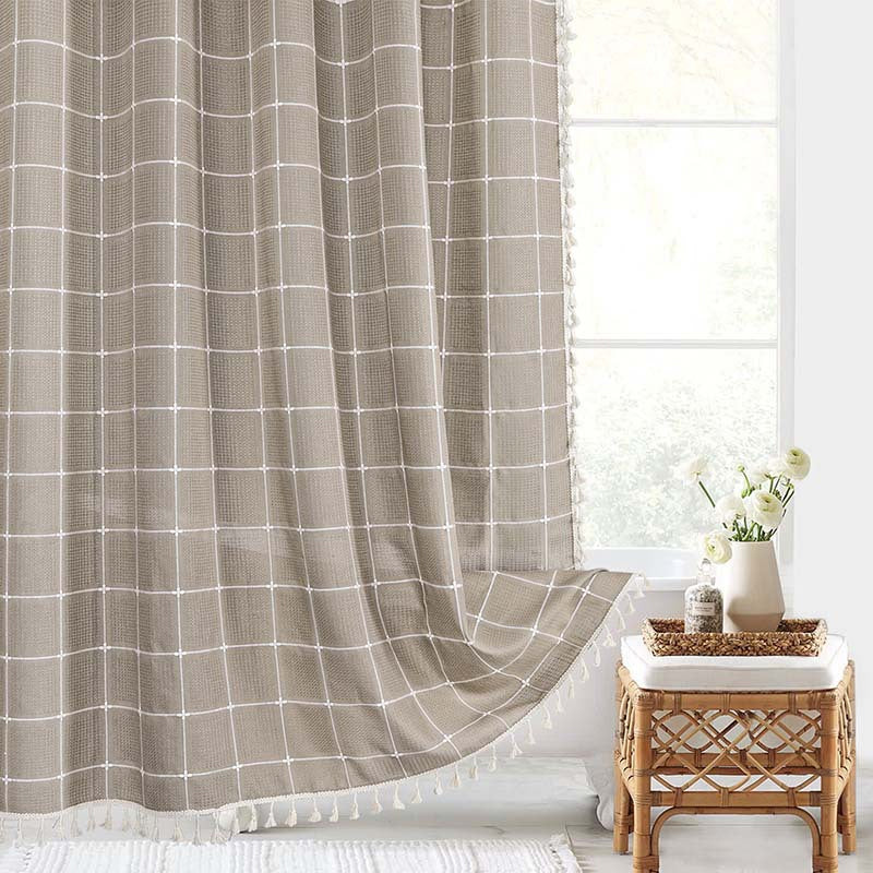 Duschvorhang Leinen Bohemian Wasserdicht Quasten 180x200cm Badezimmer Beige Kariert