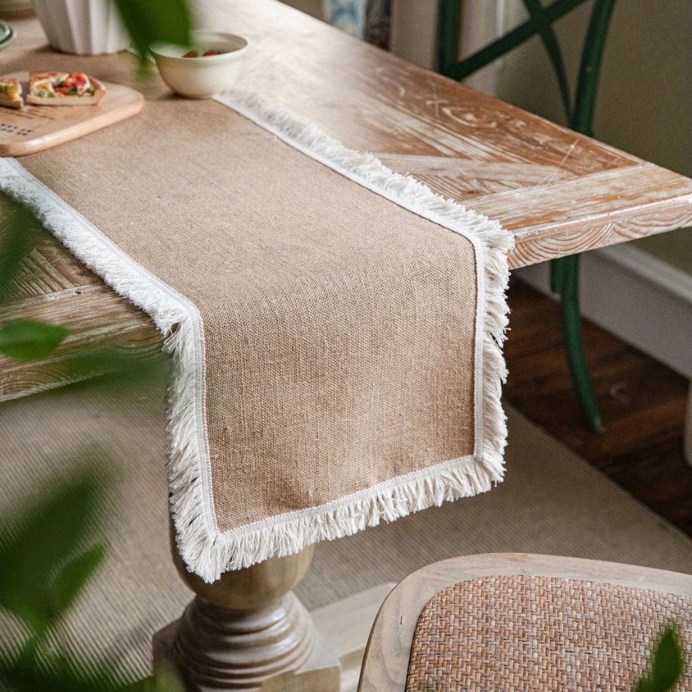 Tafelloper jute 30x180 cm beige eettafel decoratie rustiek boho tafellinnen tafel styling interieur | Sansoti