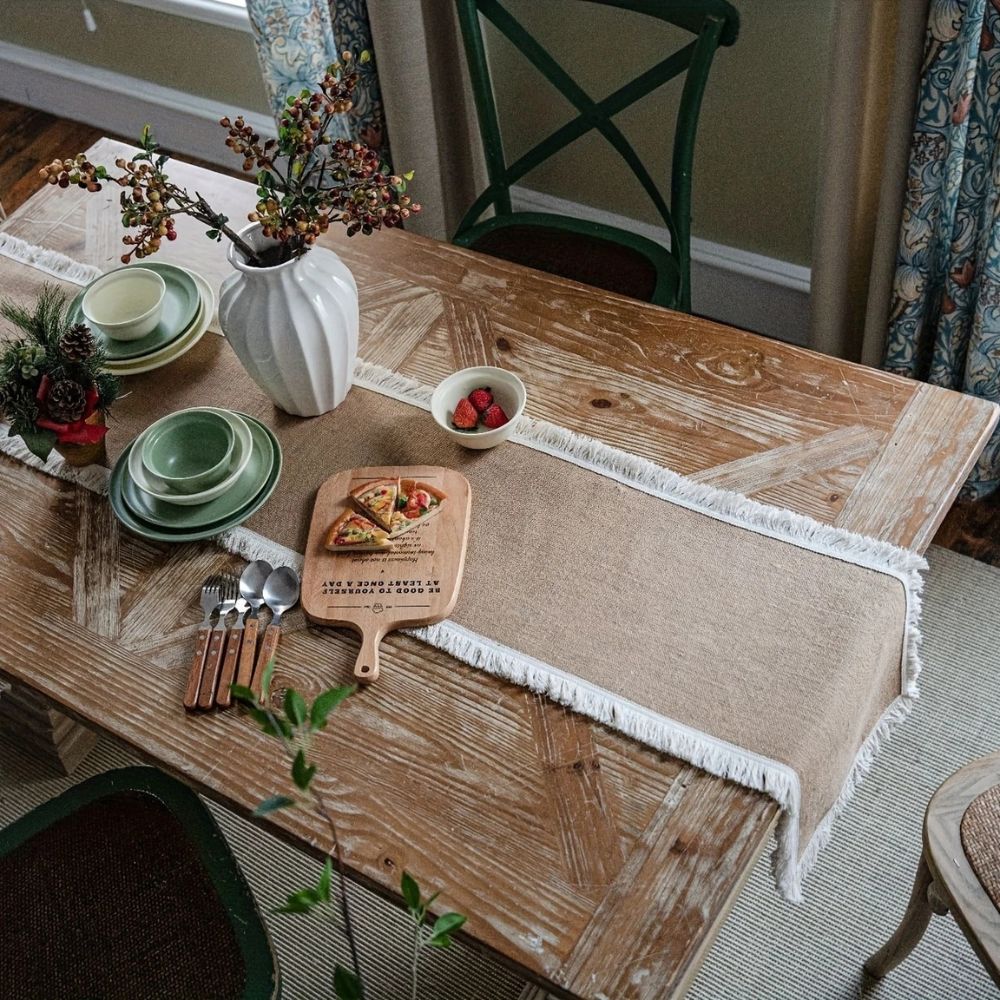 Tafelloper jute 30x180 cm beige eettafel decoratie rustiek boho tafellinnen tafel styling interieur | Sansoti