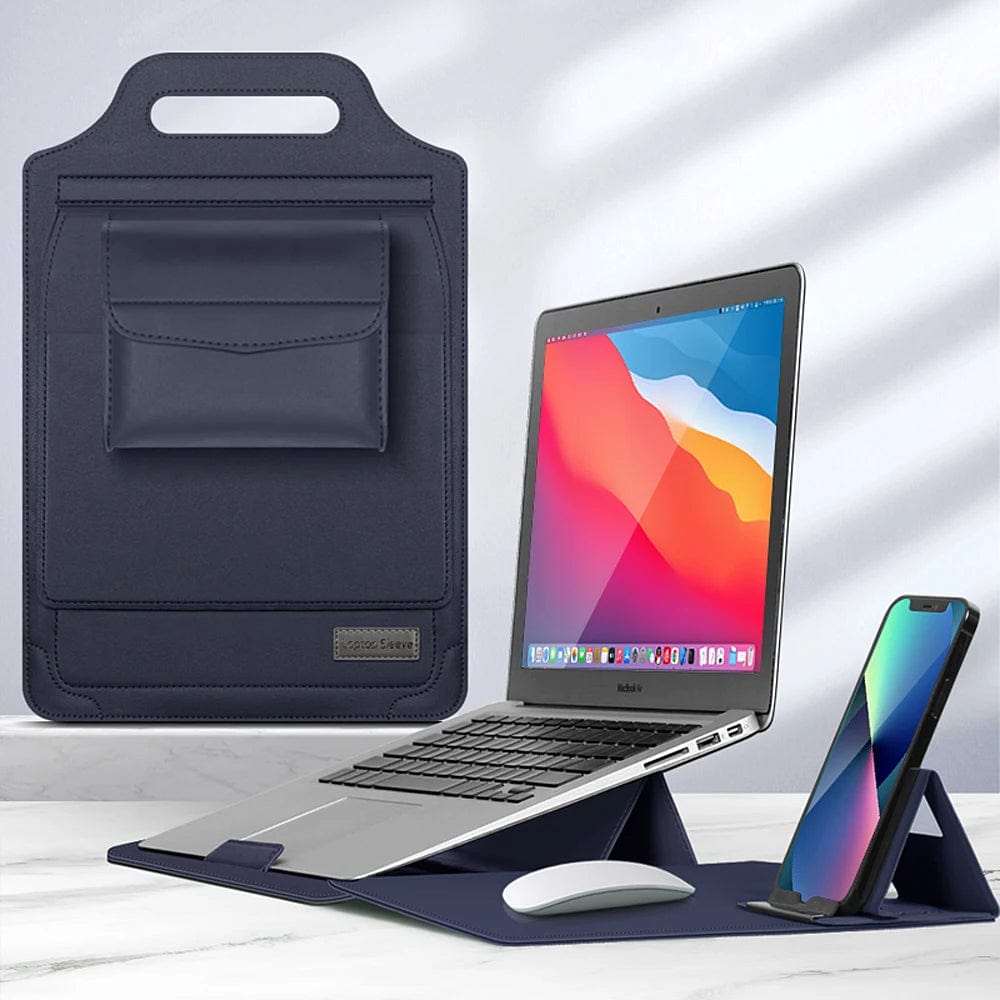 Luxe Laptop Sleeve met Verstelbare Standaard | Ergonomisch PU-Leer Werkstation voor 11-15.6 Inch | Mobiele Kantooroplossing | Sansoti
