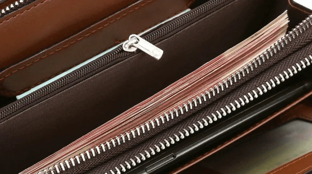 Pochette compacte pour homme avec dragonne, noir et marron, similicuir, compartiments, porte-cartes, portefeuille, organiseur, fermeture éclair | Sansoti