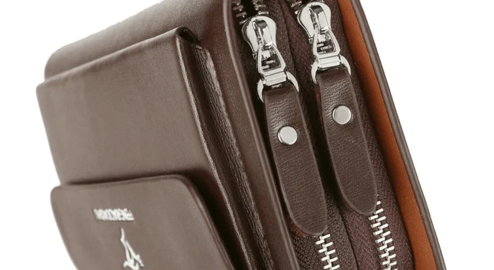 Pochette compacte pour homme avec dragonne, noir et marron, similicuir, compartiments, porte-cartes, portefeuille, organiseur, fermeture éclair | Sansoti