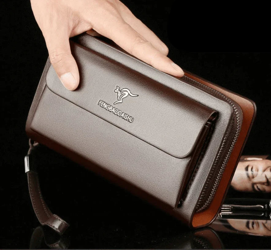 Pochette compacte pour homme avec dragonne, noir et marron, similicuir, compartiments, porte-cartes, portefeuille, organiseur, fermeture éclair | Sansoti
