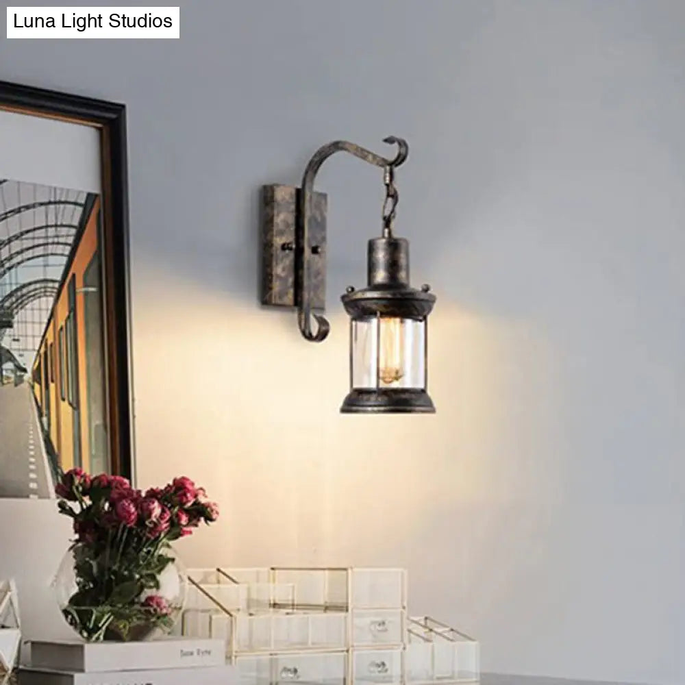 Wandleuchte mit Glaslaterne und gebogenem Arm, Bronze Schwarz, Industriedesign für Esszimmer, Wohnzimmer und Flur, stimmungsvolle Beleuchtung | Sansoti