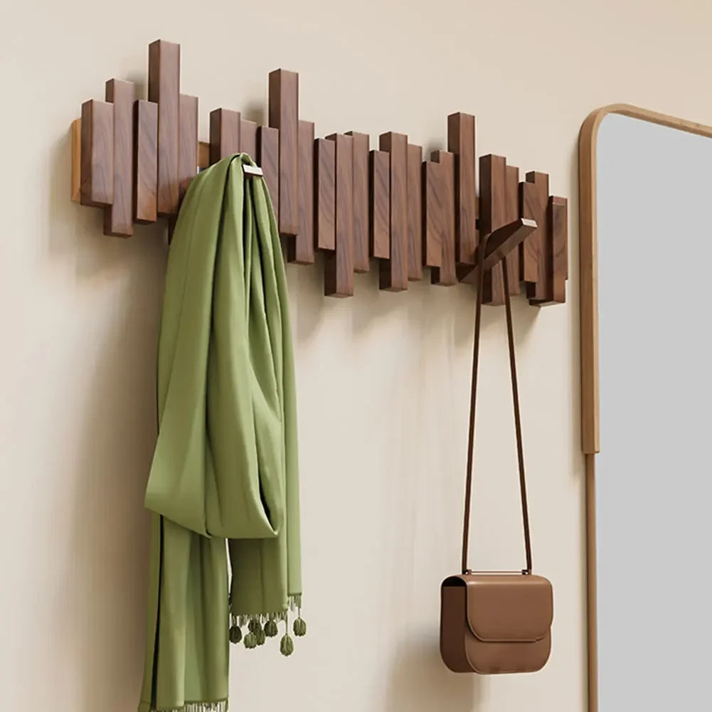 Portemanteau mural en bois à crochets rabattables en placage de hêtre noyer naturel 3-8 crochets pour l’entrée et la chambre | Sansoti