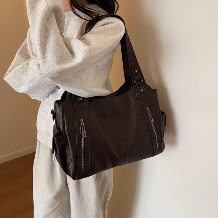 Women's Shoulder Bag with Spacious Interior Pockets Cognac Black Espresso Work Laptop Casual Travel Everyday | Sansoti