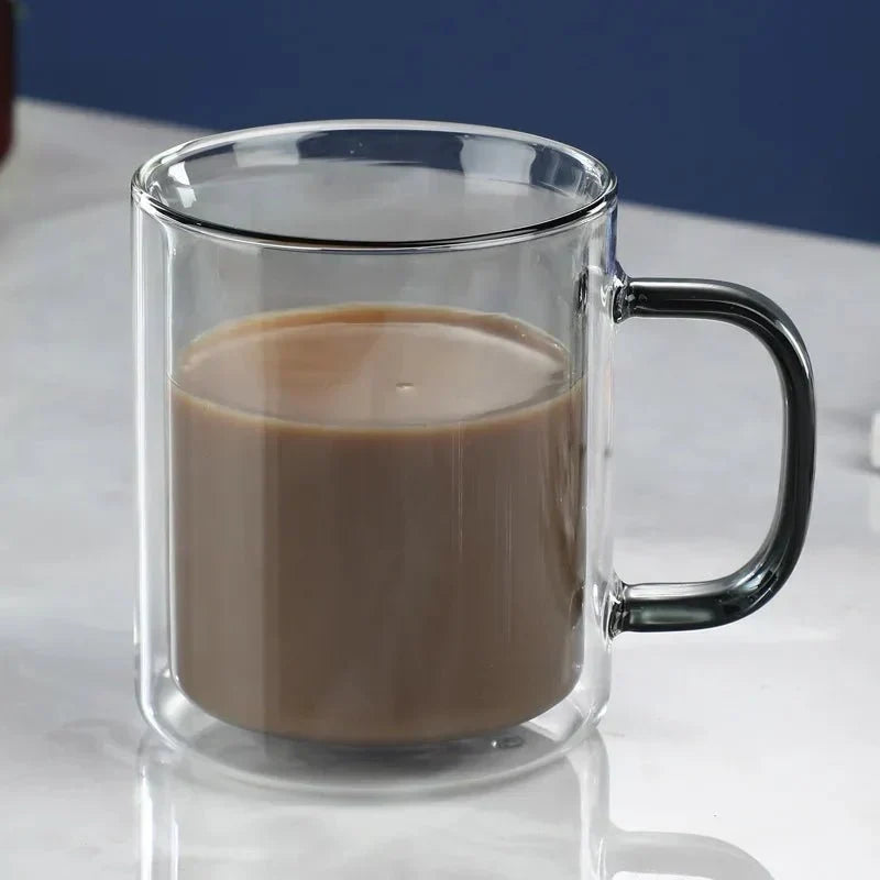 Thermischer Kaffeebecher aus Glas mit doppelwandiger Isolierung, 350 ml, Warmhaltebecher für Tee, Latte und Cappuccino, ergonomischer Griff | Sansoti