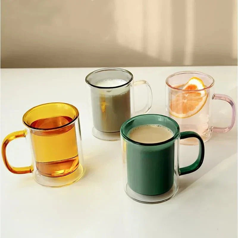 Thermischer Kaffeebecher aus Glas mit doppelwandiger Isolierung, 350 ml, Warmhaltebecher für Tee, Latte und Cappuccino, ergonomischer Griff | Sansoti