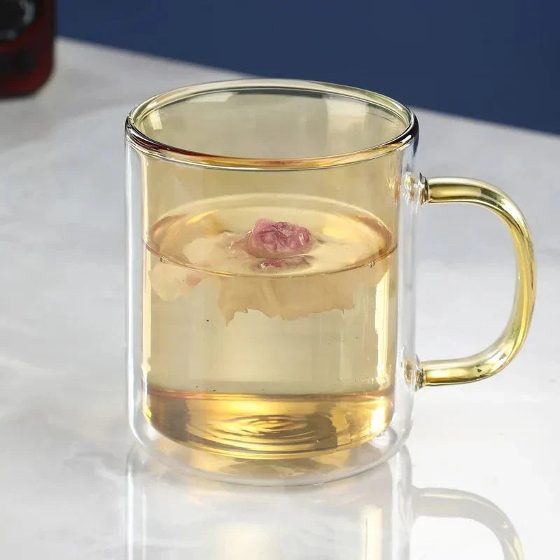 Thermischer Kaffeebecher aus Glas mit doppelwandiger Isolierung, 350 ml, Warmhaltebecher für Tee, Latte und Cappuccino, ergonomischer Griff | Sansoti