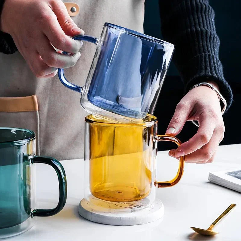 Thermischer Kaffeebecher aus Glas mit doppelwandiger Isolierung, 350 ml, Warmhaltebecher für Tee, Latte und Cappuccino, ergonomischer Griff | Sansoti
