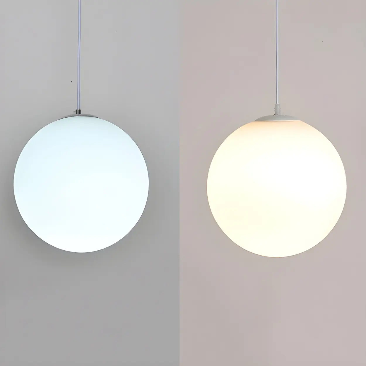 Moderne weiße Glaskugel-Pendelleuchte mit runder Form in verschiedenen Größen für Esszimmer und Wohnzimmer | Restfield