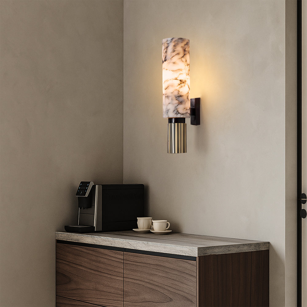 Lampa ścienna z marmuru i miedzi, pionowa, ciepłe białe światło 3000K, nastrojowa, do salonu, sypialni i korytarza, unikatowy design | Sansoti