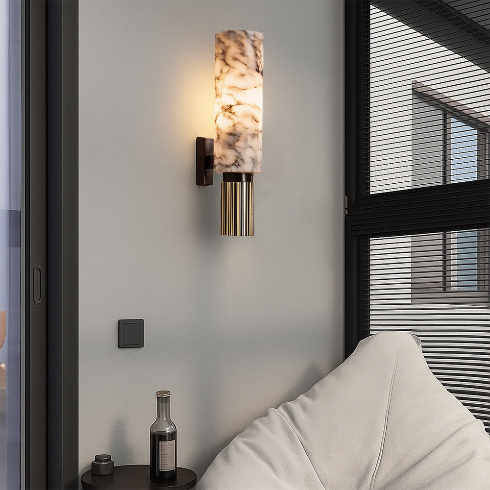 Lampa ścienna z marmuru i miedzi, pionowa, ciepłe białe światło 3000K, nastrojowa, do salonu, sypialni i korytarza, unikatowy design | Sansoti