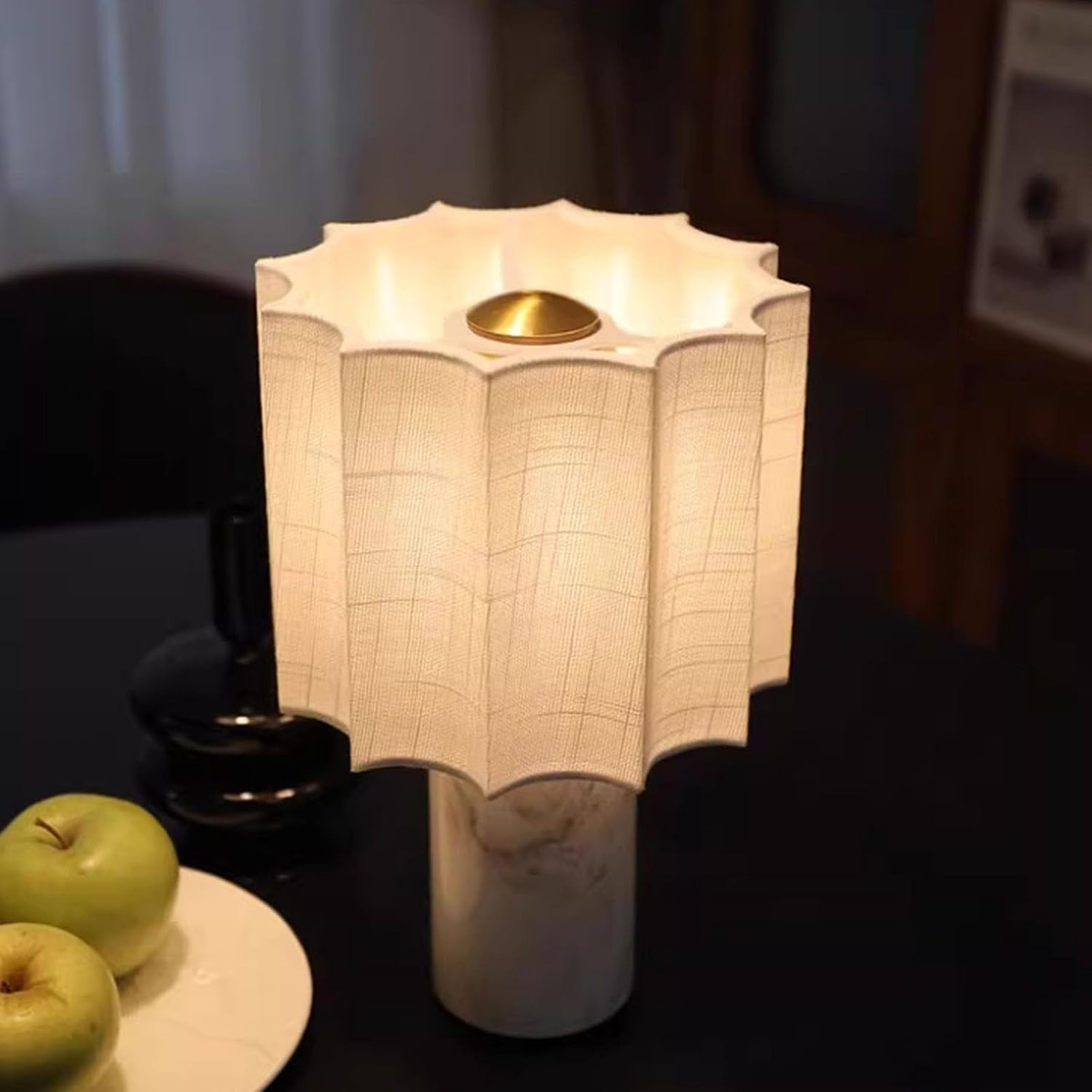 Oplaadbare Tafellamp Marmer met Linnen Kap Dimbaar Snoerloos LED Lamp Sfeerlicht Mobiel voor Woonkamer | Sansoti