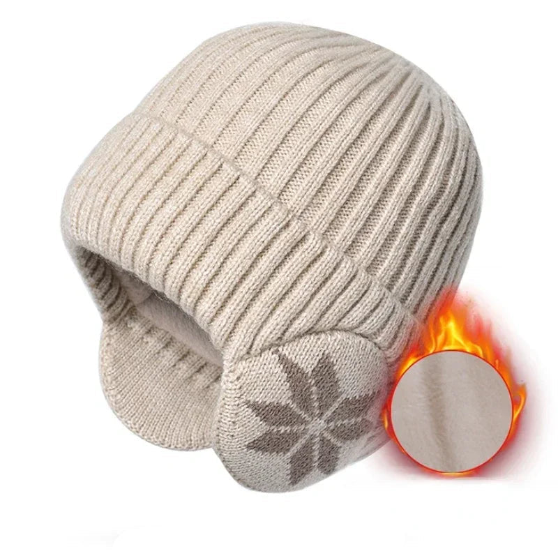 Gestrickte Wintermütze mit Ohrenklappen Unisex Warme Beanie Weiches Futter Schneeflockenmuster Wintersport | Sansoti