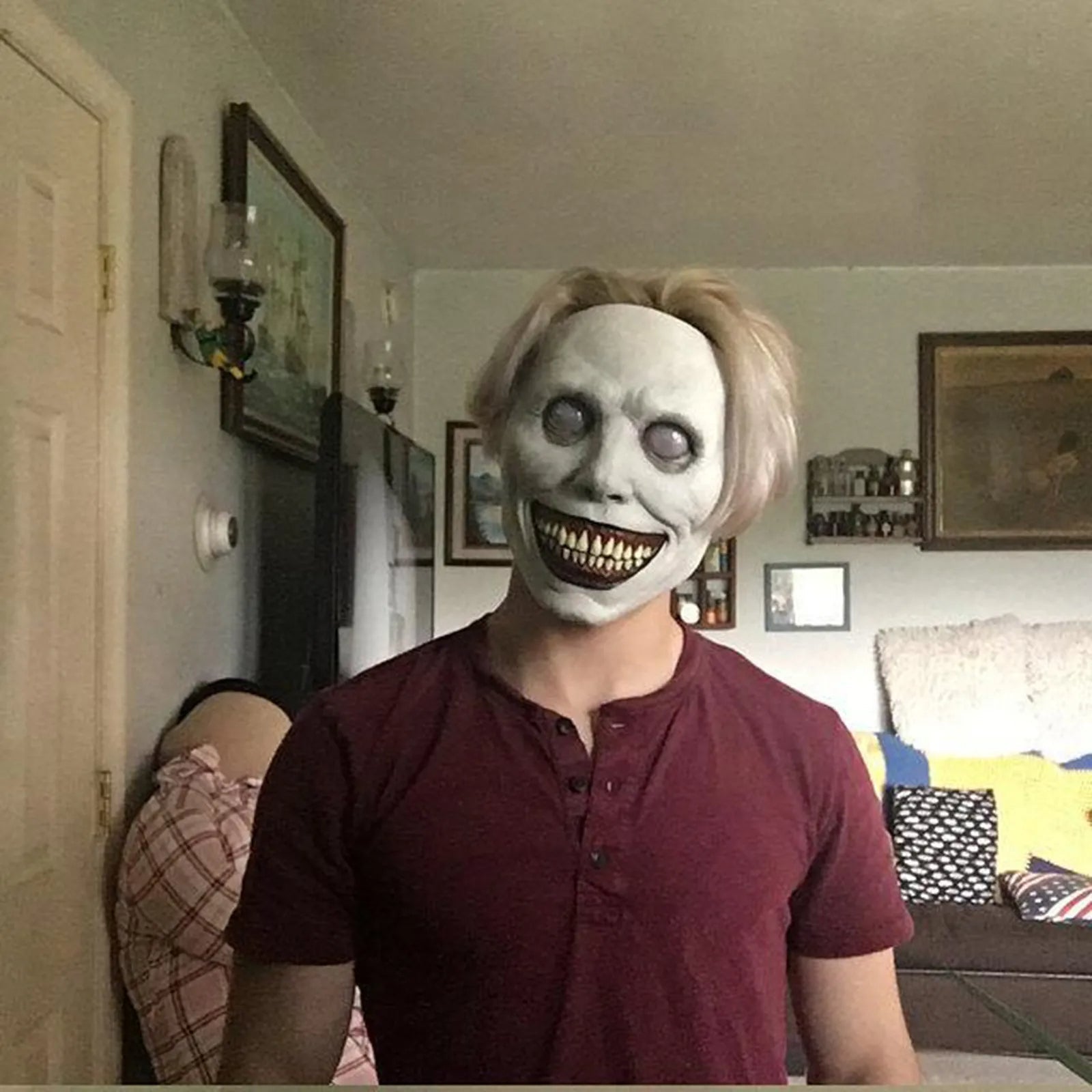 Griezelmasker met Grijns Witte Ogen Halloween Kostuum Volwassenen Feestmasker Horror Accessoire Scary Party | Sansoti