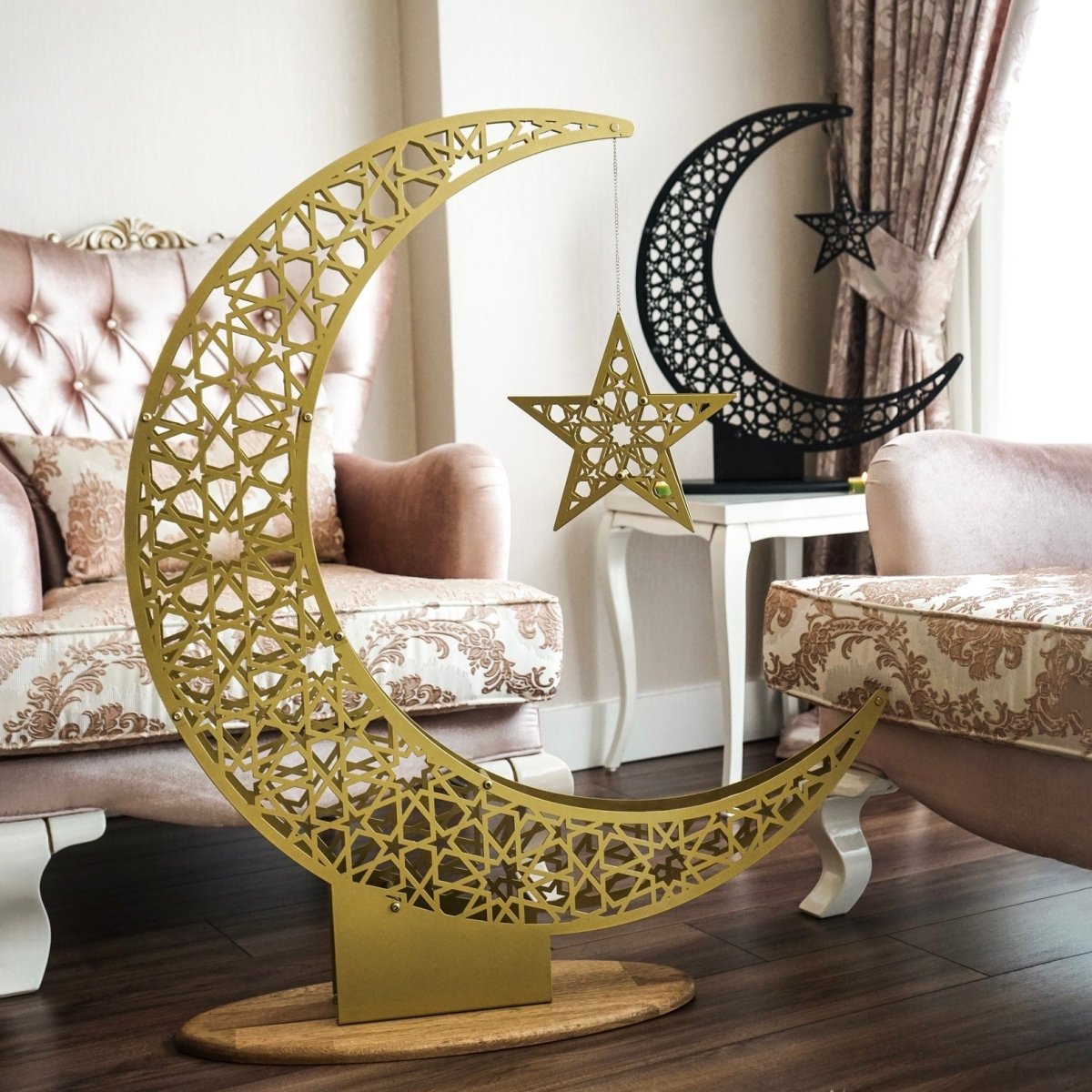 Islamitische Maan & Ster Wanddecoratie — Metalen Ramadan Ornament in Goud of Zwart | Sansoti
