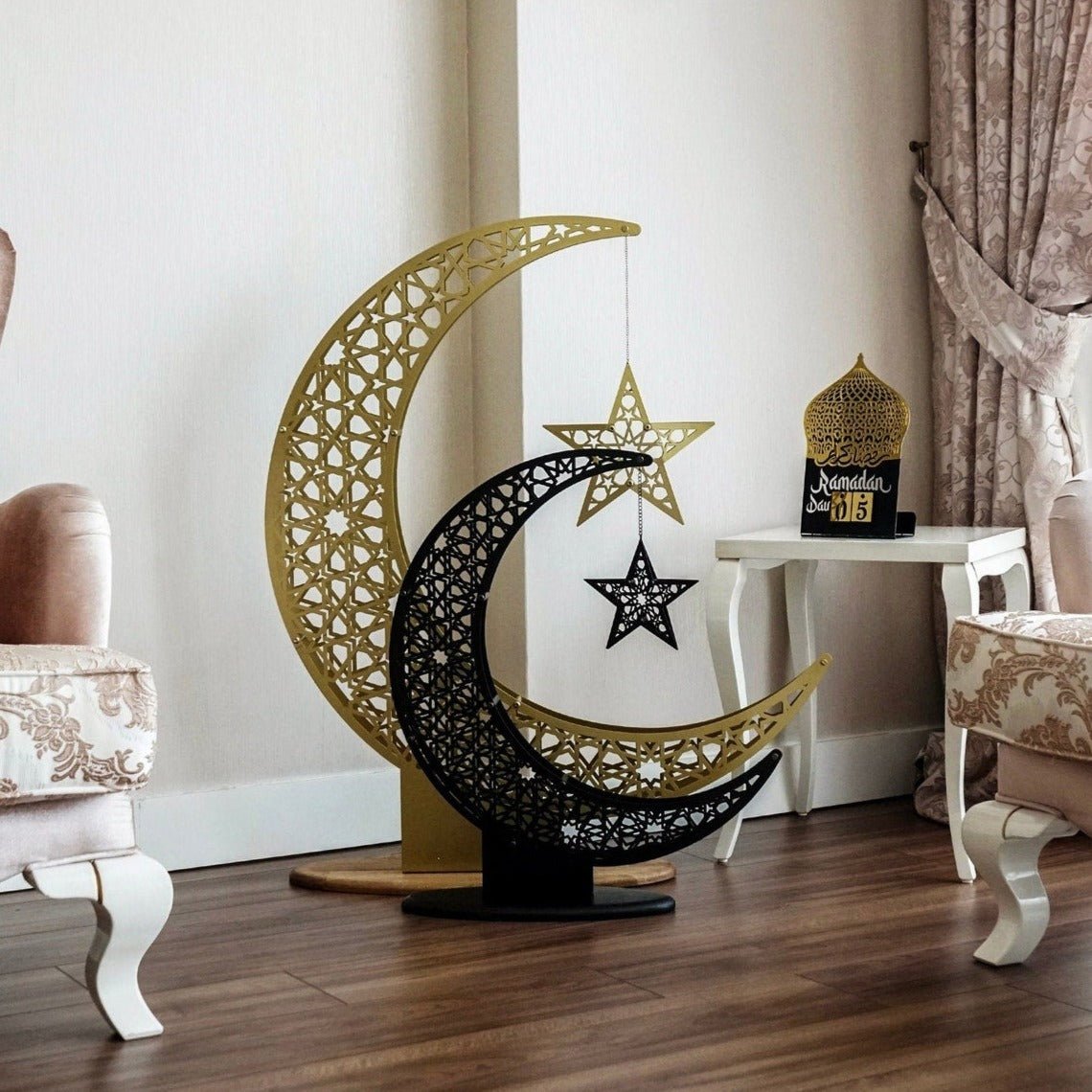 Islamitische Maan & Ster Wanddecoratie — Metalen Ramadan Ornament in Goud of Zwart | Sansoti