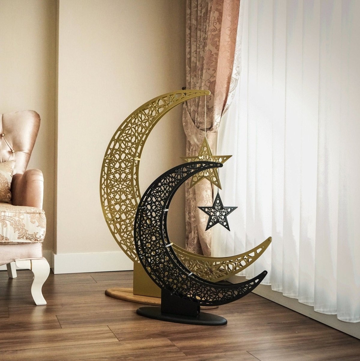 Islamitische Maan & Ster Wanddecoratie — Metalen Ramadan Ornament in Goud of Zwart | Sansoti