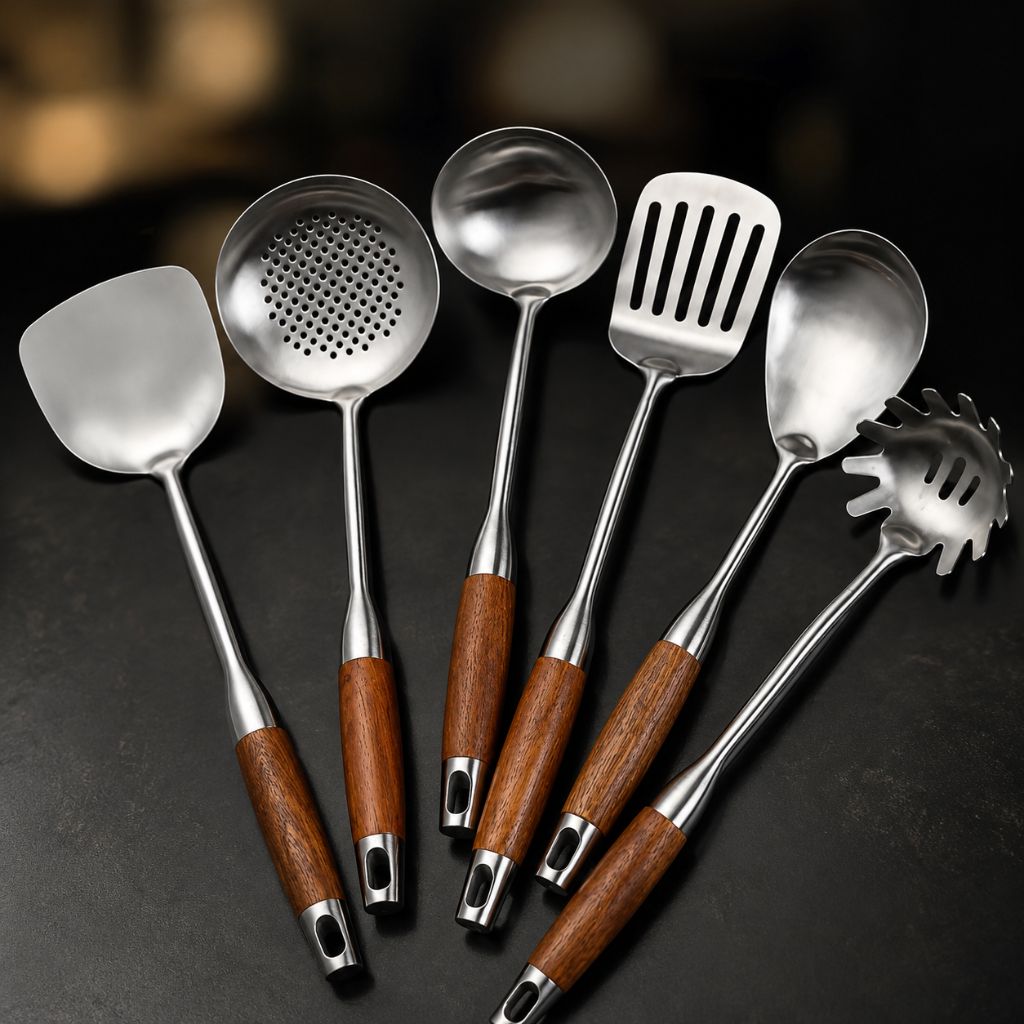 Set d’ustensiles de cuisine en acier inoxydable, 6 pièces, avec manches en bois : cuillère, spatule, louche, serveur à pâtes et ustensiles de cuisine | Sansoti
