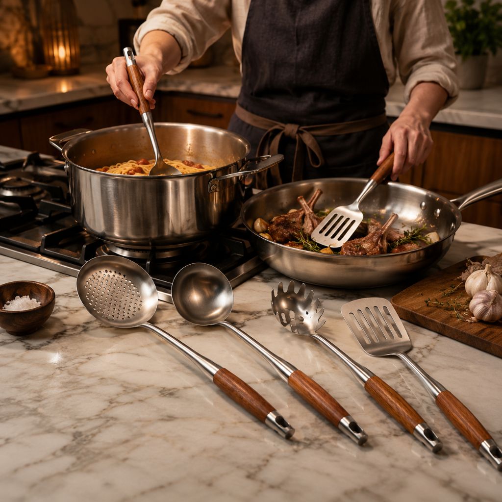 Set d’ustensiles de cuisine en acier inoxydable, 6 pièces, avec manches en bois : cuillère, spatule, louche, serveur à pâtes et ustensiles de cuisine | Sansoti