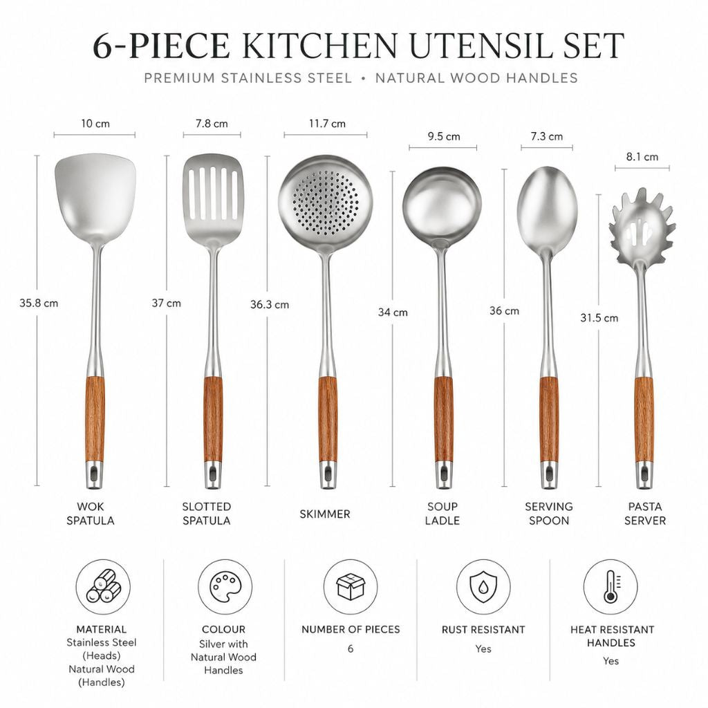 Set d’ustensiles de cuisine en acier inoxydable, 6 pièces, avec manches en bois : cuillère, spatule, louche, serveur à pâtes et ustensiles de cuisine | Sansoti