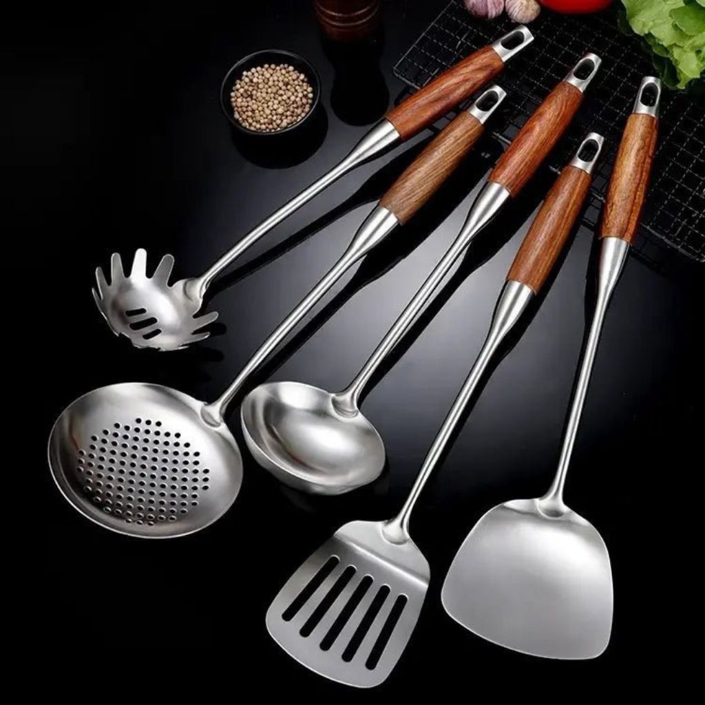 Set d’ustensiles de cuisine en acier inoxydable, 6 pièces, avec manches en bois : cuillère, spatule, louche, serveur à pâtes et ustensiles de cuisine | Sansoti