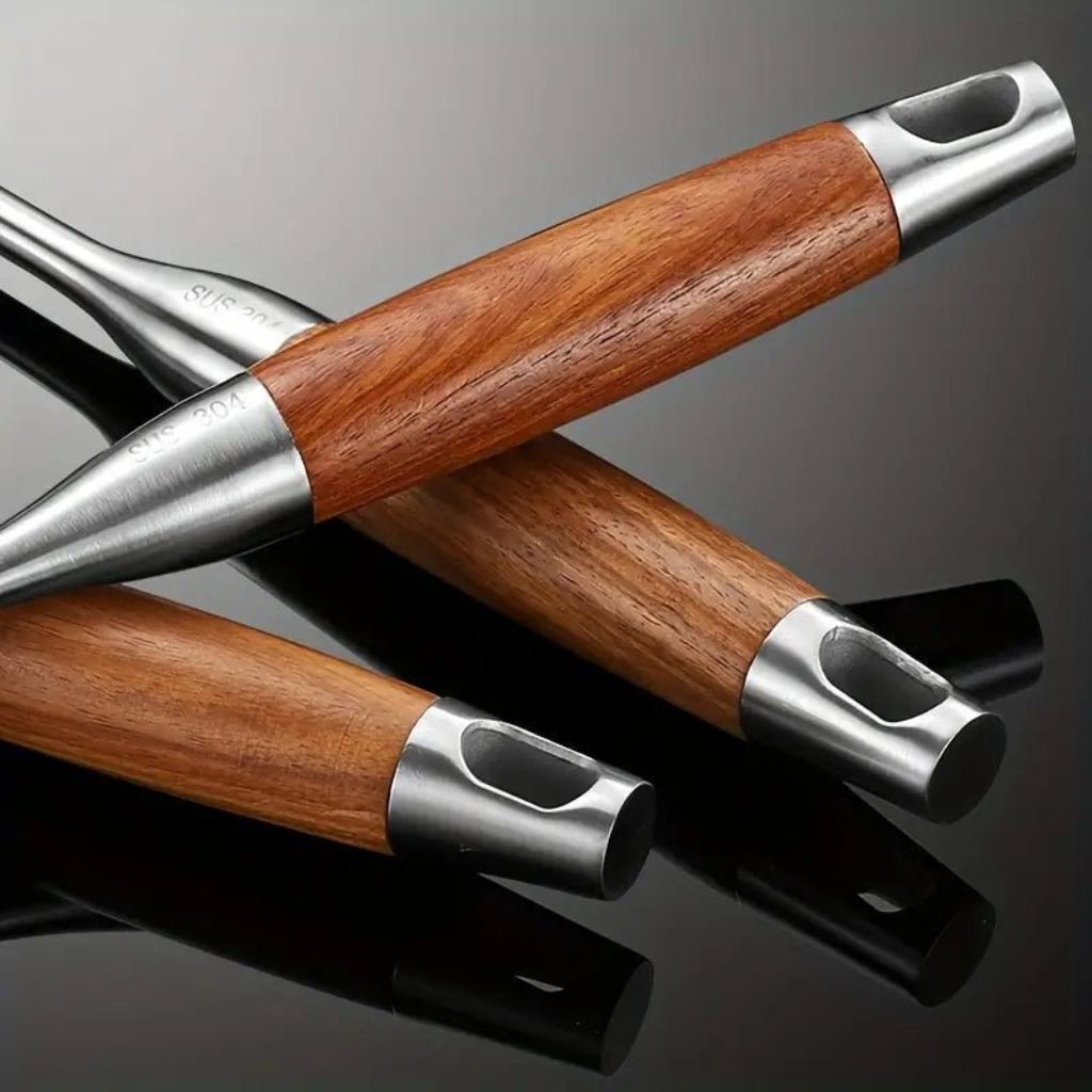 Set d’ustensiles de cuisine en acier inoxydable, 6 pièces, avec manches en bois : cuillère, spatule, louche, serveur à pâtes et ustensiles de cuisine | Sansoti