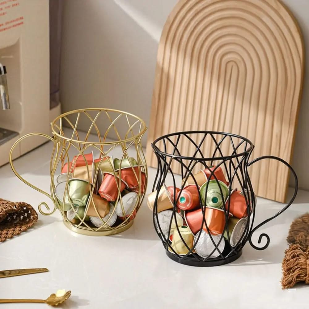 Koffiecapsule Houder Smeedijzer Open Structuur Zwart Goud Design Keukenaccessoire Capsule Organizer Koffiehoek | Sansoti