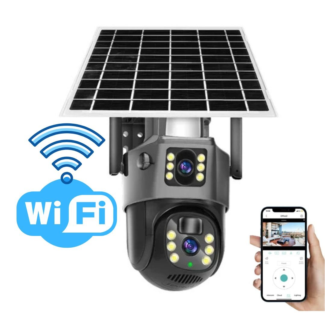 Draadloze Beveiligingscamera met Zonnepaneel 4K Dubbele Lens 10x Zoom 360° Rotatie IP66 Waterdicht Buiten | Sansoti