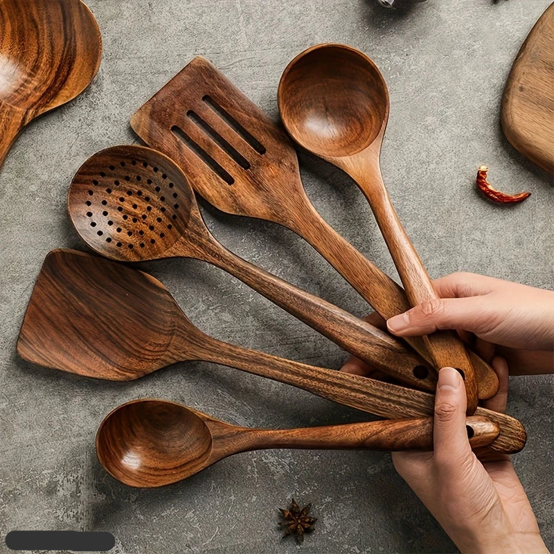 Keukengerei Set van Massief Teakhout 5 7 10-delig Natuurlijk Duurzaam Serveren Kookgerei Scandinavisch | Sansoti