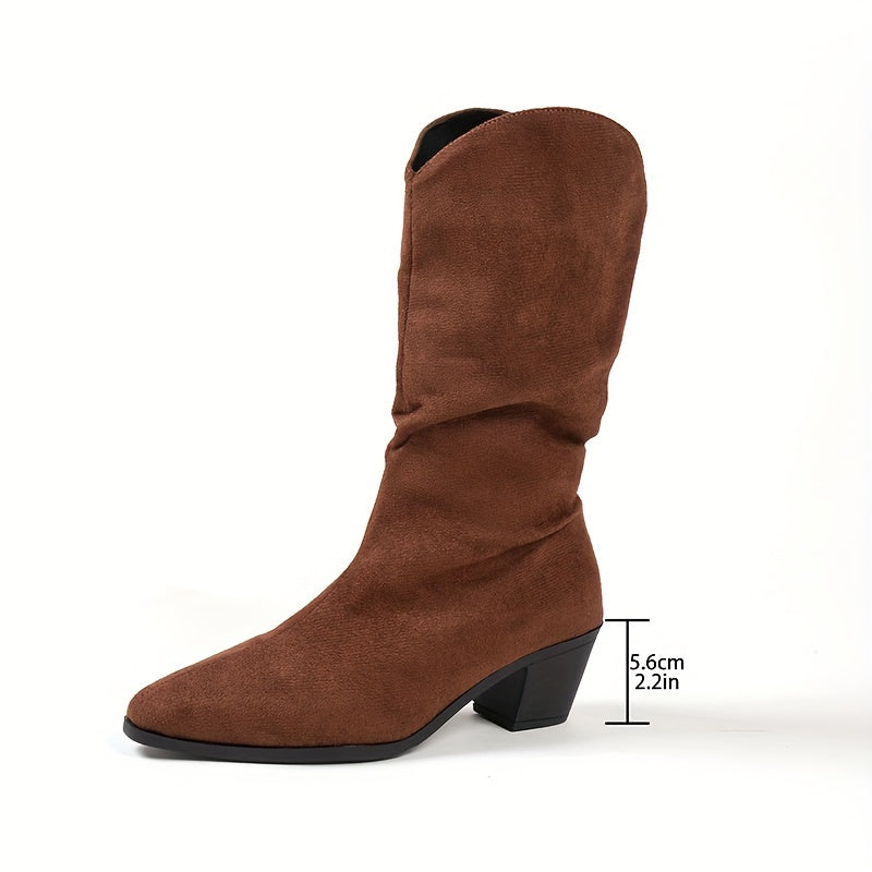 Western Laarzen Dames Fluweel Hakhoogte Feestschoenen Herfst Cowboystijl Elegante Dameslaarzen Comfortabel | Sansoti