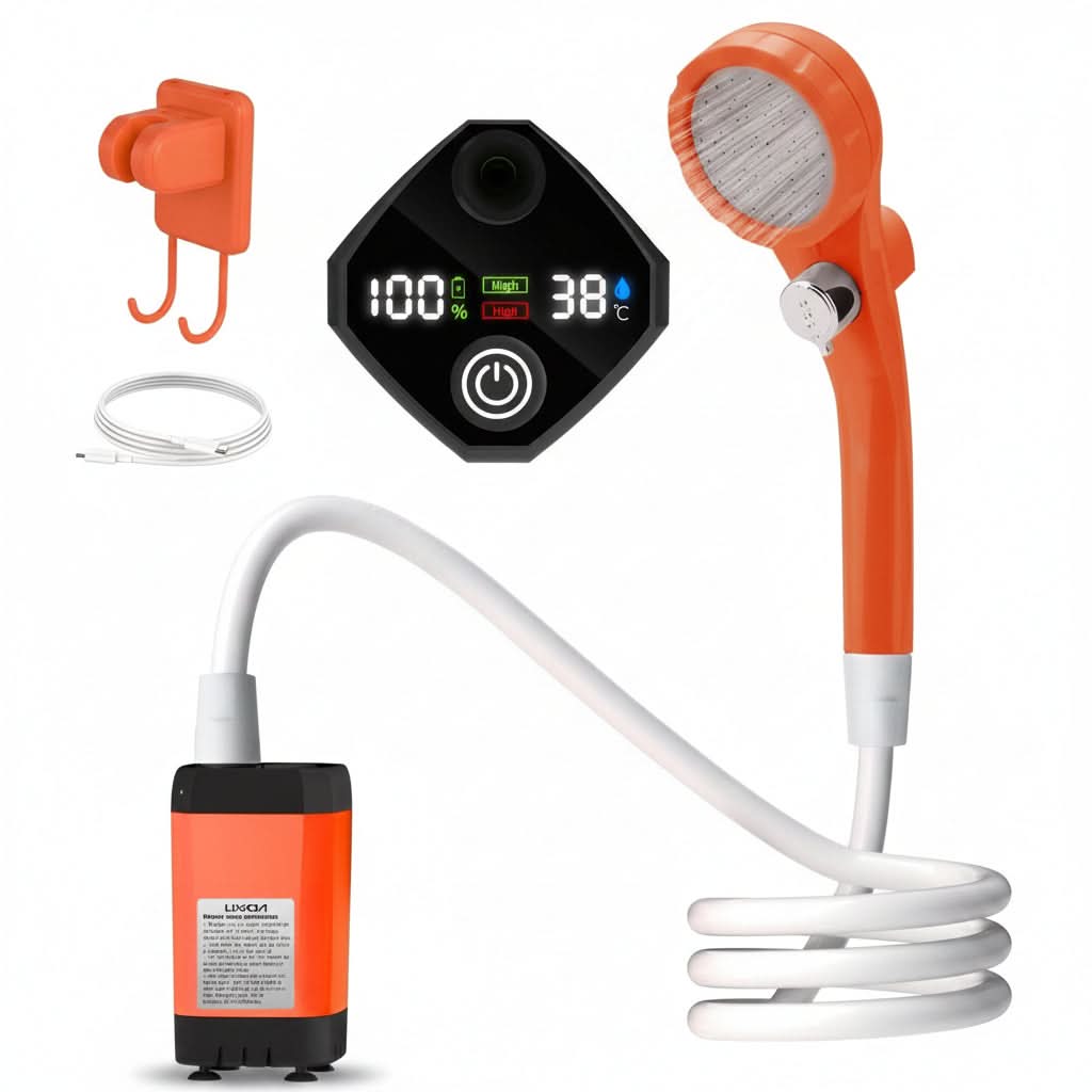 Tragbare Campingdusche mit digitalem Display, wiederaufladbarem 6000-mAh-Akku und einstellbarem Strahl für Reisen und Camping | Sansoti